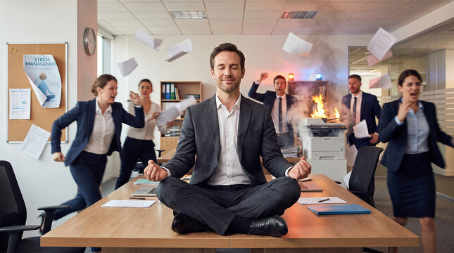 Calm businessman meditating in lotus pose on office desk while chaotic colleagues panic around a burning printer. Stress management, mindfulness, and finding peace at workplace concept.