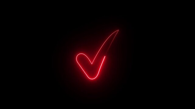 Symbol of glowing neon check mark animation.  Red Neon Check Mark icon Animation with black background.