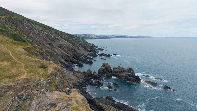 Dramatic view of rugged coastal cliffs and North Sea coastline near Fast Castle in Berwickshire, Scotland
