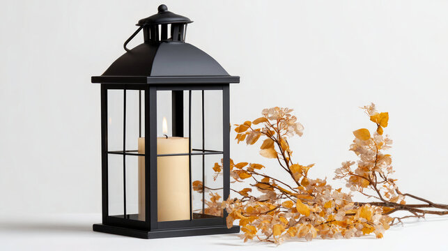 Black metal lantern with burning pillar candle and dry autumn leaves. Decorative vintage lighting accessory for home interior. Cozy rustic style holiday decor for Thanksgiving or Halloween.