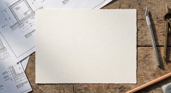 Blank Architectural Paper Sheet Layout with Blueprint Construction Plans and Drafting Tools on Rustic Wooden Table Top for Professional Interior