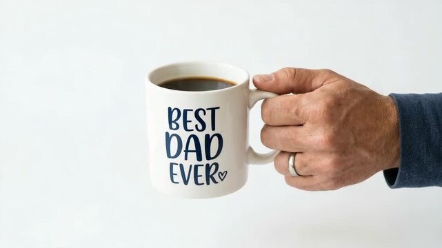 An elderly man holds a coffee mug that says 'Best Dad Ever,' expressing his children's appreciation and love. The scene captures the essence of familial warmth and gratitude.