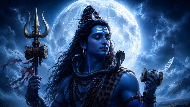 Divine Lord Shiva holding a sacred trident and drum with a giant full moon and snow mountains in the mystical background.