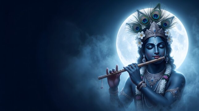 Divine Lord Krishna plays his magical flute under a luminous full moon amidst a mystical night sky with glowing celestial blue fog.