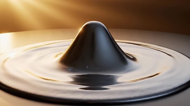 A black viscous liquid forms a conical peak in a pool illuminated by golden light