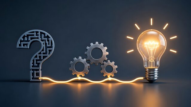 Metallic maze question mark connected to gears and glowing lightbulb, representing complex problem solving process and strategic thinking