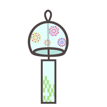 Japanese glass wind chime with colorful fireworks illustration. Hand drawn furin with paper strip isolated on white background for summer season design.