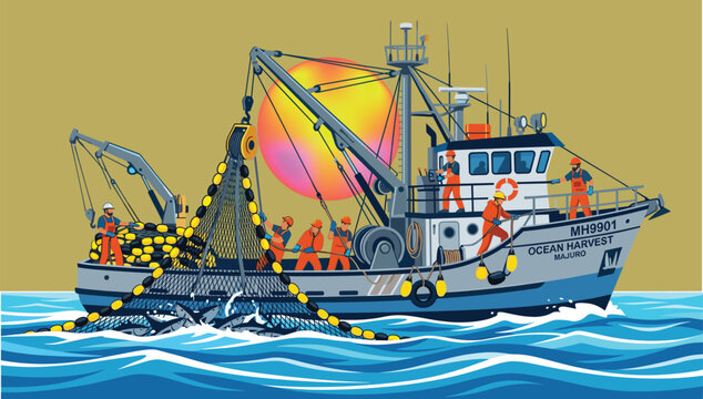 Commercial fishing boat hauling a large net full of fish in the open ocean at sunset