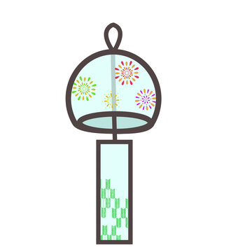 Japanese glass wind chime with fireworks with green paper illustration. Hand drawn furin with paper strip isolated on white background for summer season design.