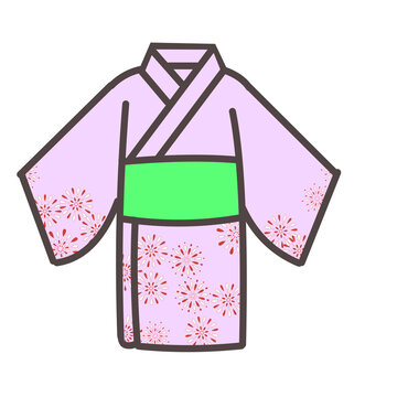 Pink yukata with fireworks pattern illustration. Hand drawn Japanese summer kimono with obi sash isolated on white background for summer festival and travel design.