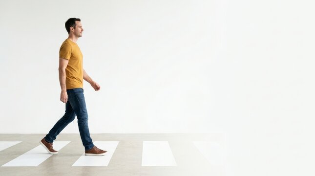 A man in jeans and t-shirt walks on an indoor zebra crossing against a white background.