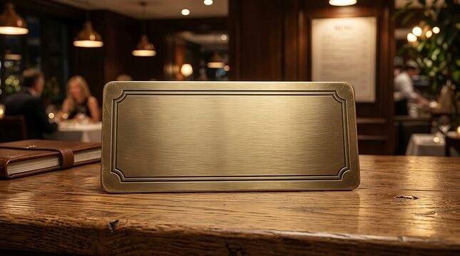 Empty Golden Nameplate on Wooden Table in Restaurant Setting