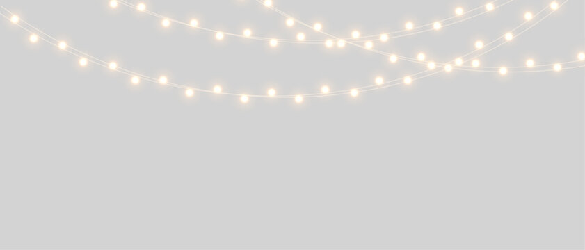 PNG Christmas lights with glowing bulbs for holiday cards and banners overlay background