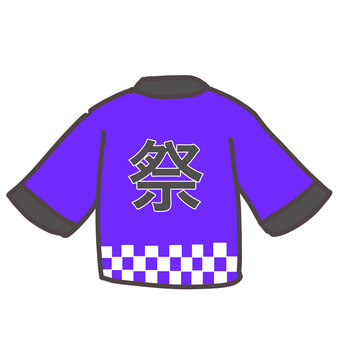Purple Japanese happi coat back view with matsuri kanji illustration. Hand drawn festival jacket with checkered hem isolated on white background for summer festival design.