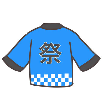 Blue Japanese happi coat back view with matsuri kanji illustration. Hand drawn festival jacket with checkered hem isolated on white background for summer festival design.