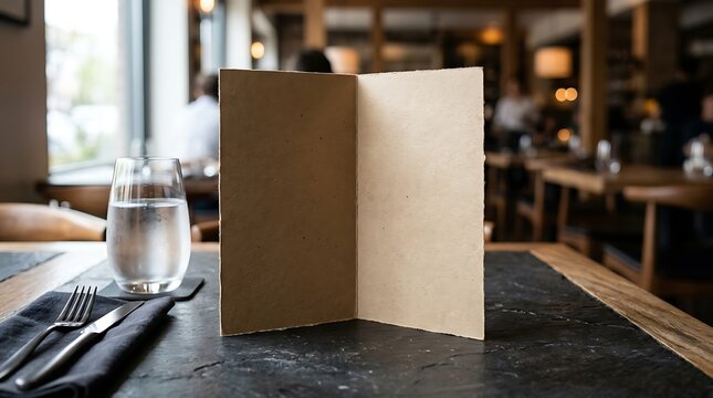 Empty Restaurant Menu on a Table with Water Glass and Cutlery