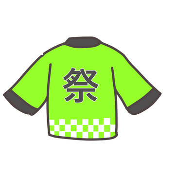 Green Japanese happi coat back view with matsuri kanji illustration. Hand drawn festival jacket with checkered hem isolated on white background for summer festival design.