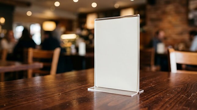 Empty White Menu Stand on Wooden Table in Blurred Restaurant Background