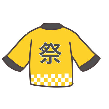 Yellow Japanese happi coat back view with matsuri kanji illustration. Hand drawn festival jacket with checkered hem isolated on white background for summer festival design.