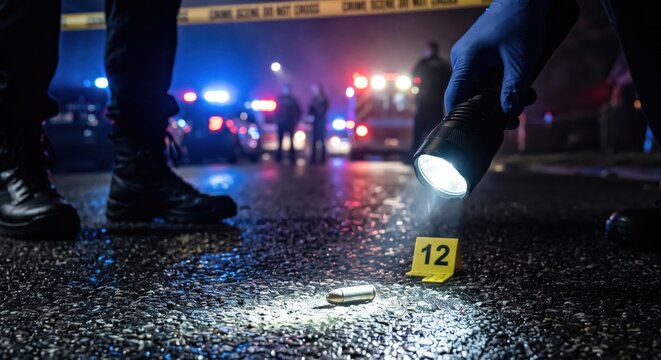 Forensic Expert Searching For Evidence At Night Crime Scene With Flashlight Illuminating Bullet Casing Near Numbered Marker In Urban Setting