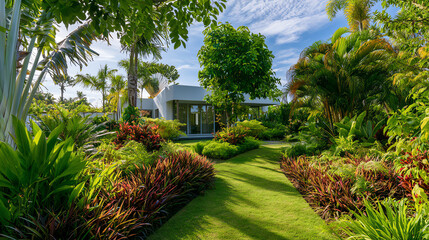 Fototapeta premium A vibrant garden pathway leads to a modern house, surrounded by lush greenery and colorful plants under a clear blue sky.