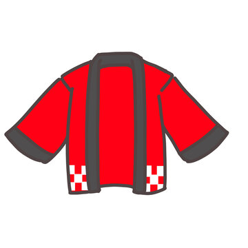Red Japanese happi coat front view illustration. Hand drawn traditional festival jacket with checkered hem isolated on white background for summer matsuri design.