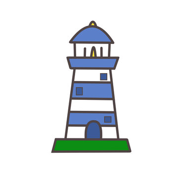 Blue and white striped lighthouse illustration. Hand drawn cute coastal lighthouse tower isolated on white background for marine and seaside design.