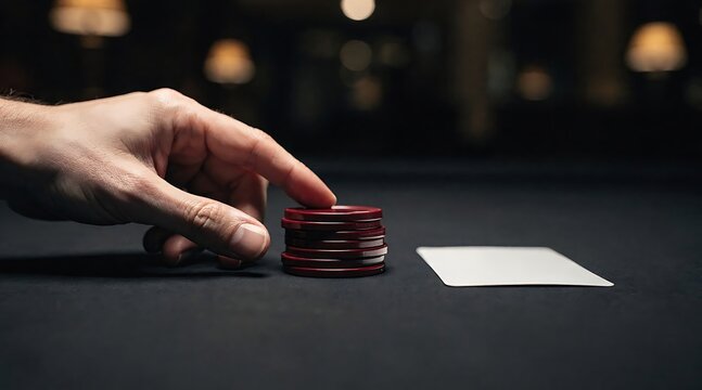 Hand placing chips on a poker table with a card.