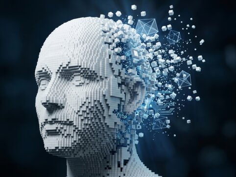 A pixelated 3D head surrounded by exploding digital data cubes, symbolizing technology.