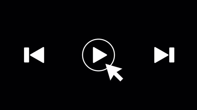 Previous, Play, Pause and Next Button Click Animation with Mouse Cursor on Transparent Background, Video Music Player UI, Media Control Icons, Interactive Playback Motion Graphic in 4K