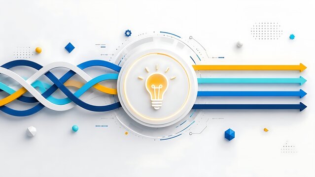 Lightbulb icon sorting tangled colorful lines into straight arrows demonstrating workflow simplification and data organization