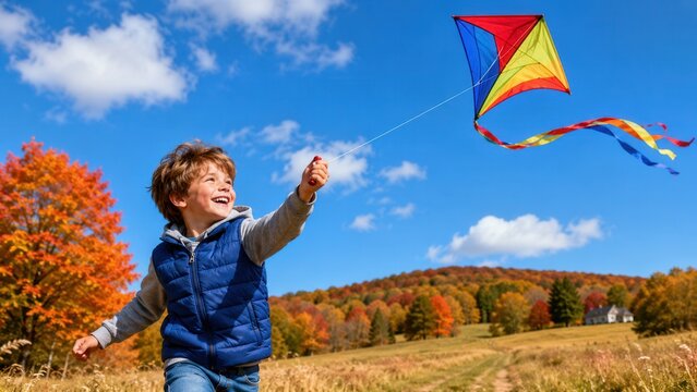 Happy child flying colorful kite in autumn countryside under blue sky enjoying outdoor family recreation activity