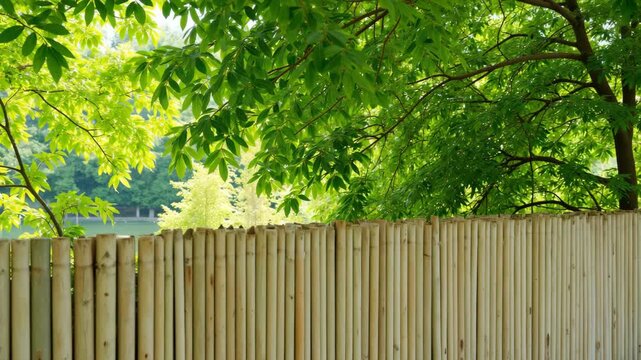 Lush green leaves frame a natural bamboo fence. Sunlight filters through tree branches softly. Fence stands tall, blending with surrounding greenery. Scene exudes calm, peaceful garden atmosphere