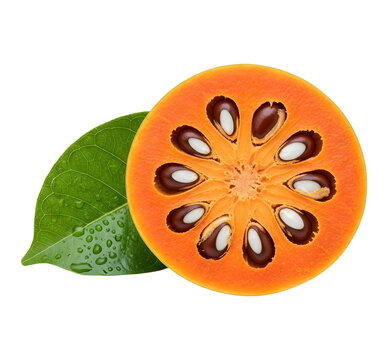 Fresh sliced ripe bael fruit with leaf on transparent background