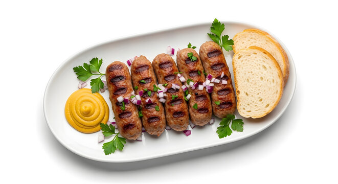 Romanian mici or mititei (small garlic grilled pork sausages) with bread loaves and mustard on a white long platter. Top down angle, on white background. European lunch ideas