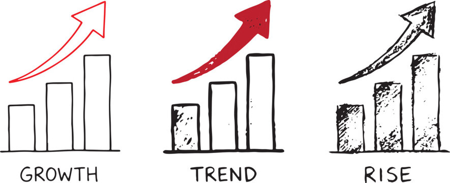 Hand drawn bar charts showing growth trend and rise with red arrows on white background