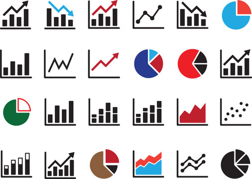 Set of colorful business icons featuring various financial charts and graphs