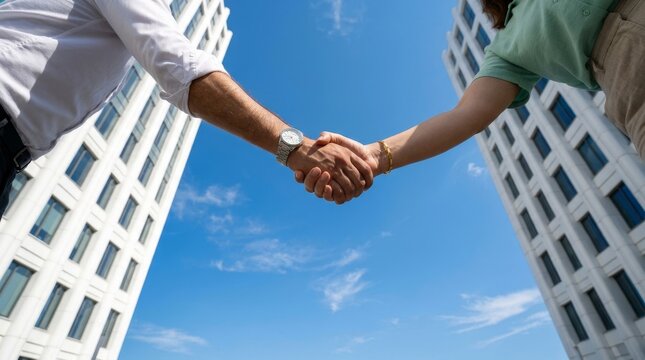 Two individuals shaking hands in front of tall buildings on a sunny day, symbolizing partnership.