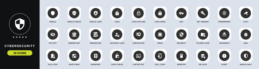 Cybersecurity Flat Web Icon Set. Collection of cybersecurity security vector icons, including shield, lock, key, fingerprint, cctv, eye, server, network, and more. High quality UI icons. © Ikonics