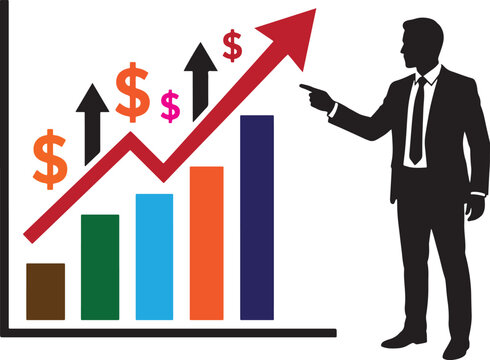Businessman pointing at a rising bar graph showing financial growth and success