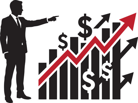 Businessman pointing at a rising financial growth chart with dollar signs and red arrow