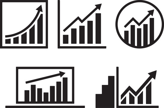 Set of black business growth bar chart icons with rising arrows isolated on white