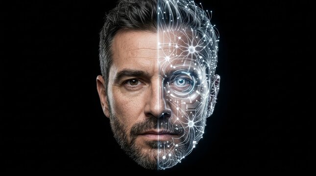 Close-up of a man's face morphing into a cybernetic design, highlighting technology fusion.