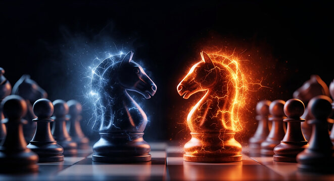 Two chess knights, one alight with blue energy, the other with orange fire, facing each other on a board, symbolizing strategy, conflict, and elemental opposition