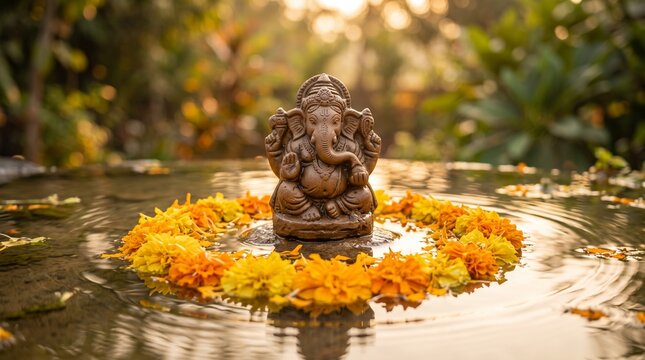 Marigold Petals Around Clay Ganesha &ndash; Symbolic Eco Visarjan Scene