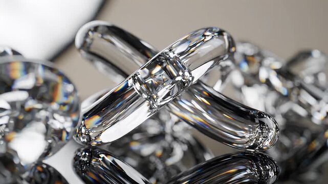 Clear glass chain links interlocking on a reflective surface