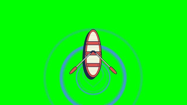 Top Down Animated Generic Rowing Boat with Oars and Water Ripples Isolated on Green Screen