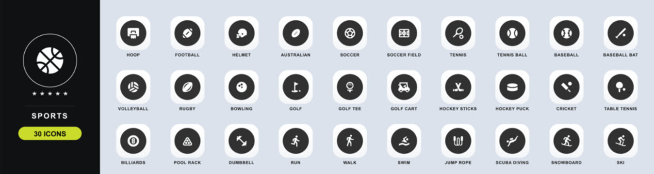 Sports Flat Web Icon Set. Collection of sports fitness vector icons, including basketball, football, tennis, golf, baseball, bowling, swim, run, and more. High quality UI icons.