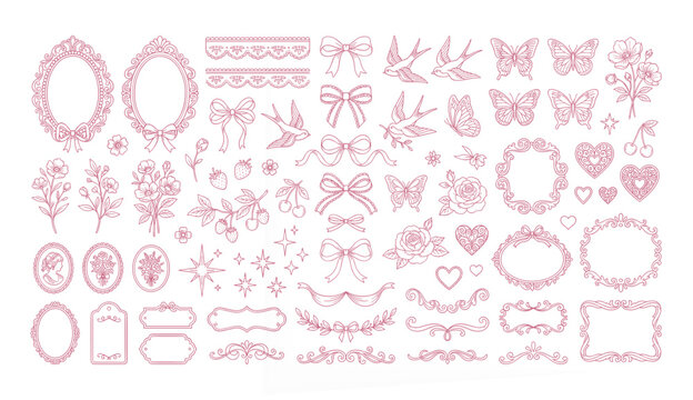 Coquette Decorative Elements Collection with Vintage Frames, Bows, Butterflies, Flowers and Ornamental Line Art Vector Set