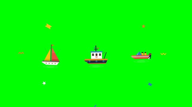 Generic Colorful Flat Boat Collection on Green Screen for Motion Graphics